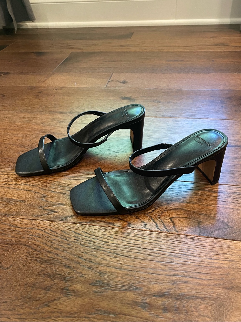 Black Strappy Square-Toe Heeled Sandals